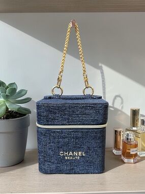 Chanel Beaute Vanity Makeup Case Box Midnight Tweed Blue added chain NEW